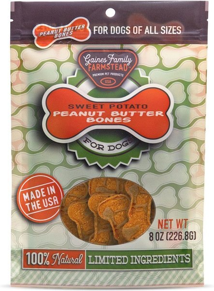 Gaines Family Farmstead Sweet Potato Peanut Butter Topped Bones Grain-Free Dog Treats， 8-oz bag