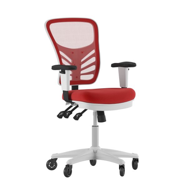 Nicholas Mid-Back Red Mesh Multifunction Executive Ergonomic Office Chair with Adjustable Arms， Transparent Roller Wheels， and White Frame