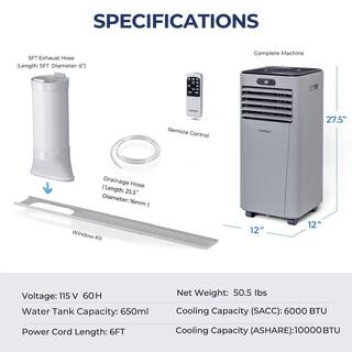 Costway 10000 BTU(ASHRAE) 6000 BTU(DOE) Portable Air Conditioner Cools Sq. Ft. with Dehumidifier Fan Mode Remote Control in Gray FP10120US-GR