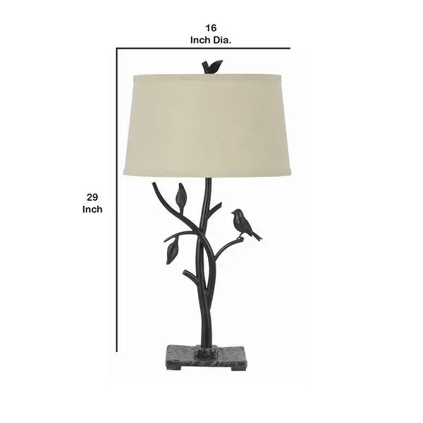 Metal Tree and Bird Body Table Lamp with Tapered Shade， Black and Beige