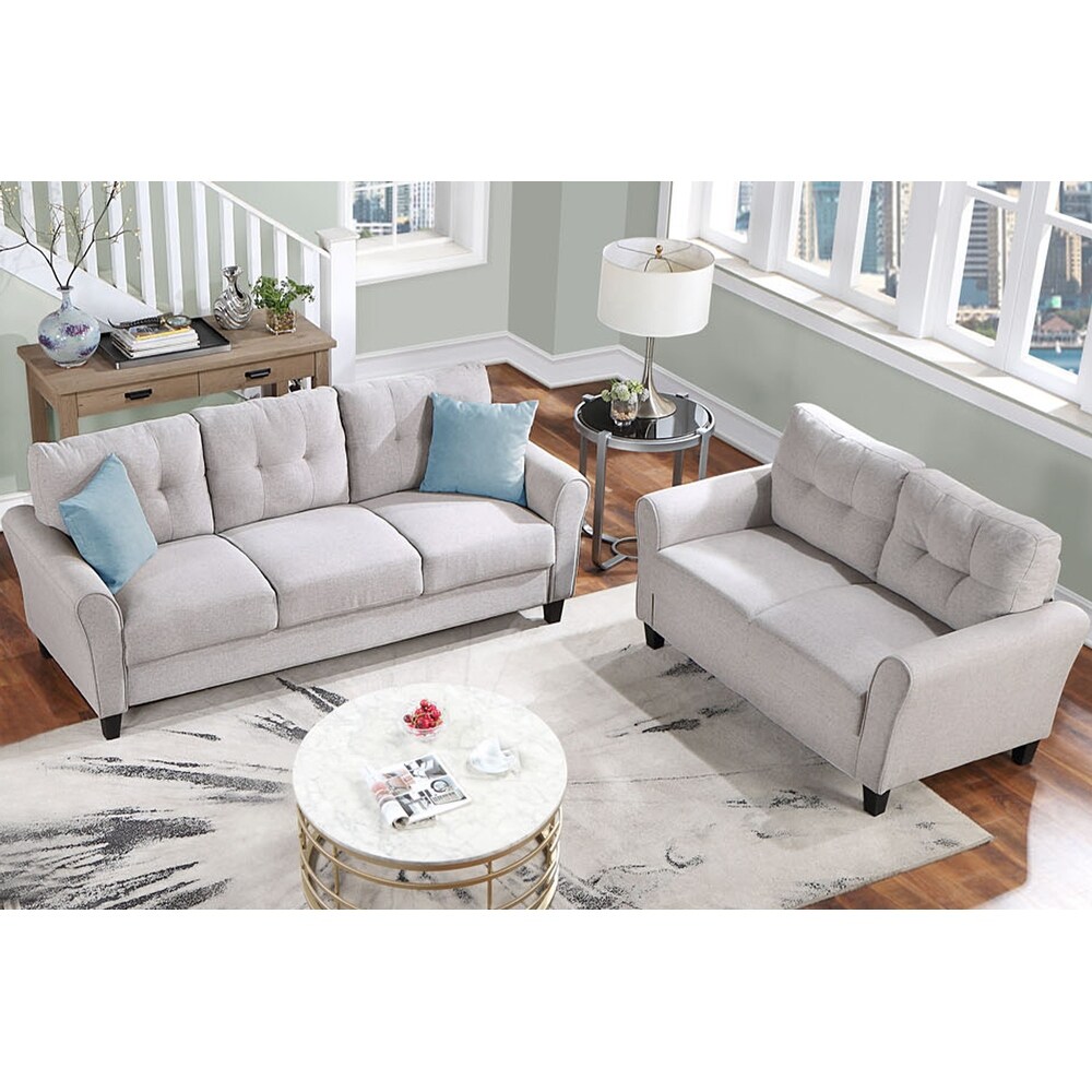 2 Piece Linen Upholstered Sofa Couch Set  Living Room Furniture Button Tufted Loveseat and Sofa Set for Dorm  Office or Studio