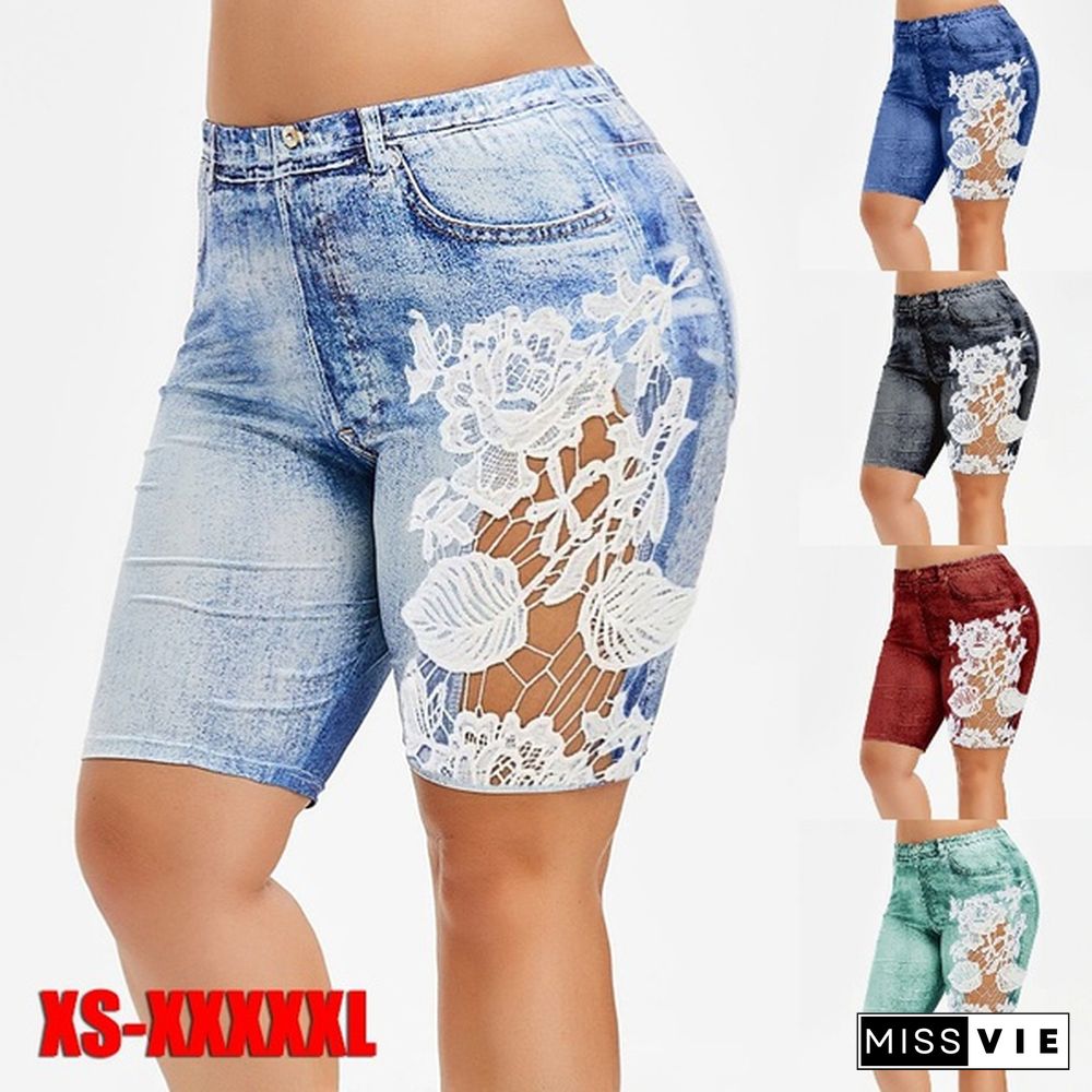 Women's Fashion Floral Print Skinny Jeans Short Lace Mesh Summer Shorts Fitted Leggings Knee Length Denim Pants Plus Size