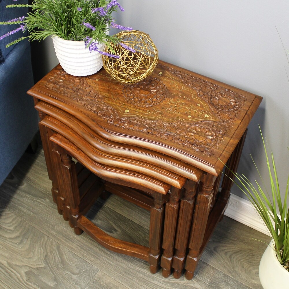 Natural Geo Decorative Set of 4 Nesting Tables   Handcarved