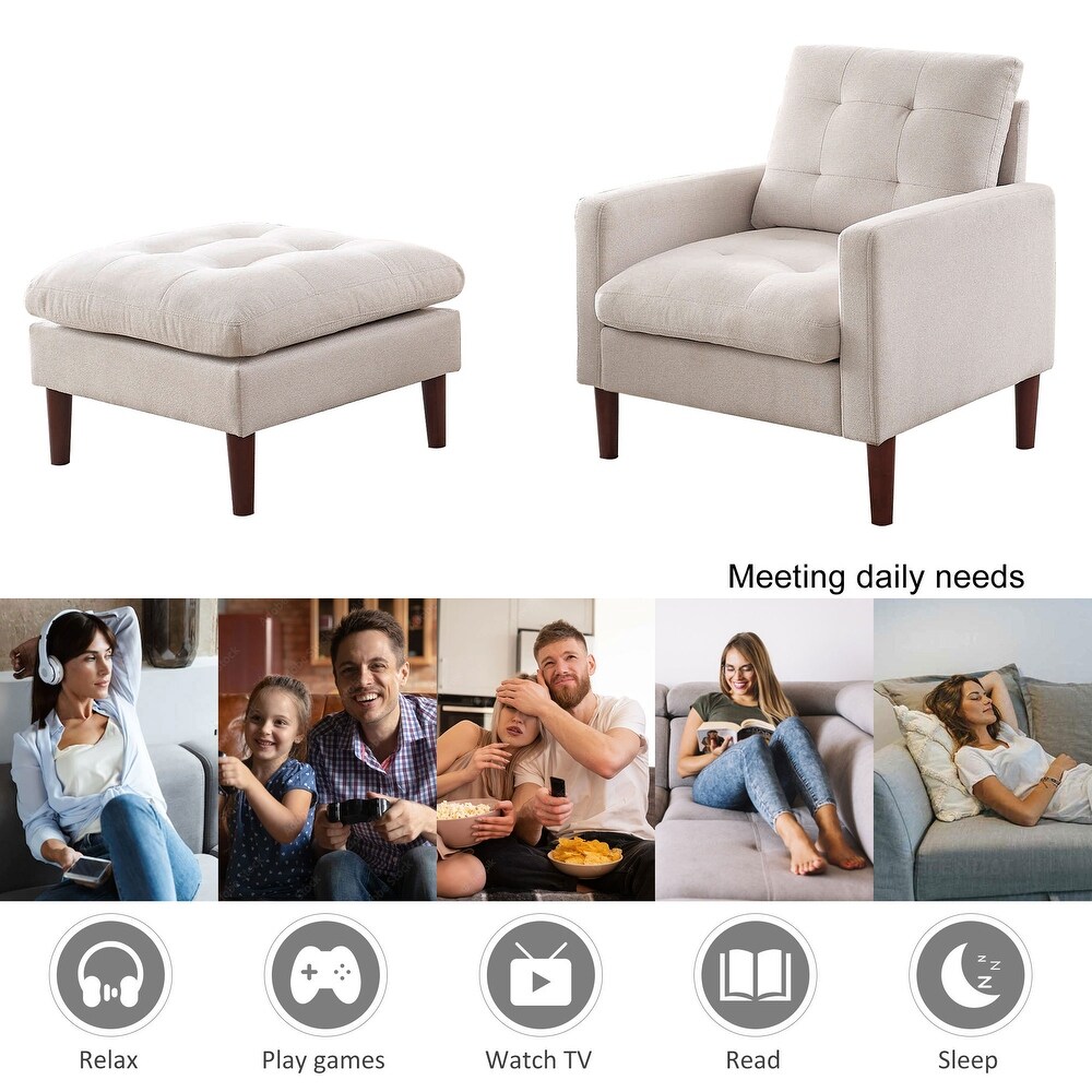 Modern Single Sofa Chair  Living Room Armchair with Movable Ottomans  Tufted Lounge Chair Sofa for Reading Nap Chair  Beige