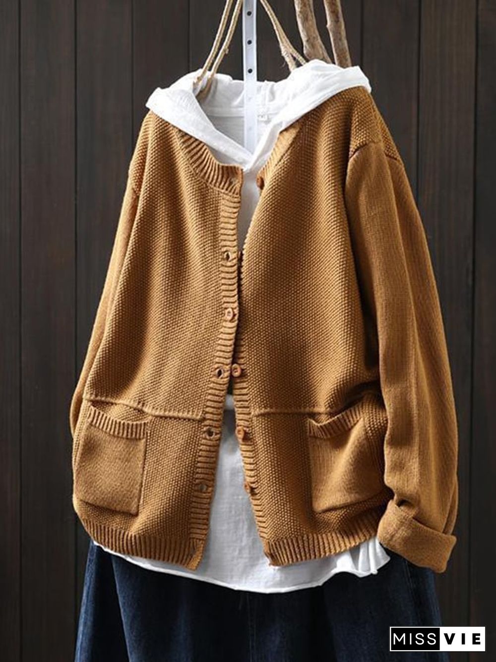 Women's Loose Art Casual Double Pocket Knitted Sweater Jacket