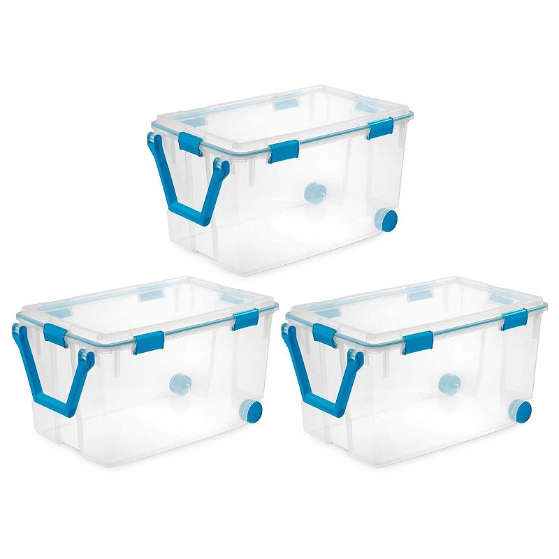 Sterilite 120 Qt Wheeled Gasket Box Stackable Storage Bin With Latch Lid， 3 Pack