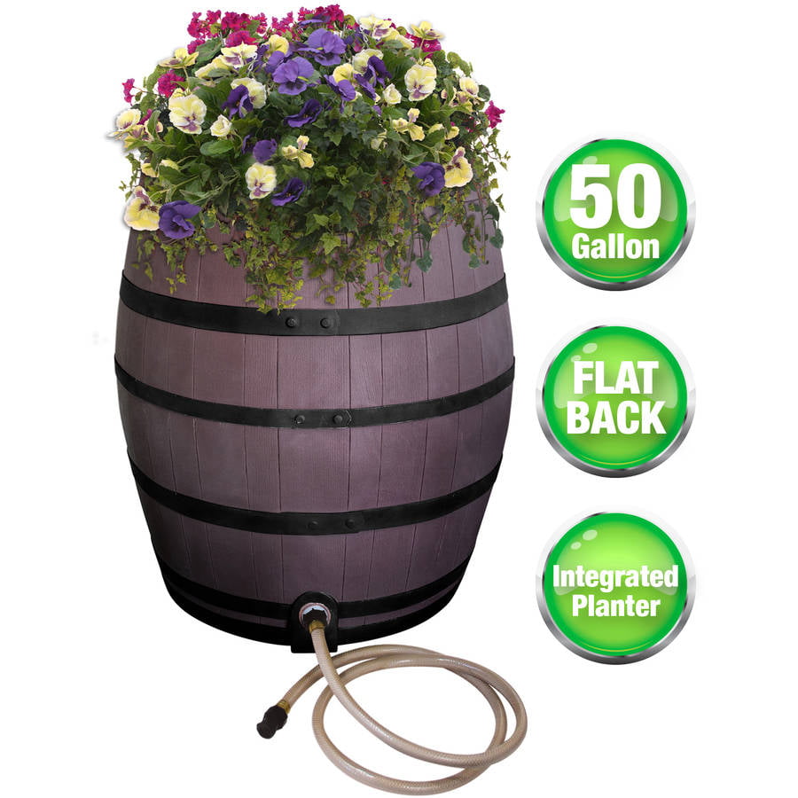 Rescue 50-Gallon Whiskey Rain Barrel with Black Bands ? Includes Planter， Rain Water Diverter， Outlet Hose ? Flatback Design ? Brown