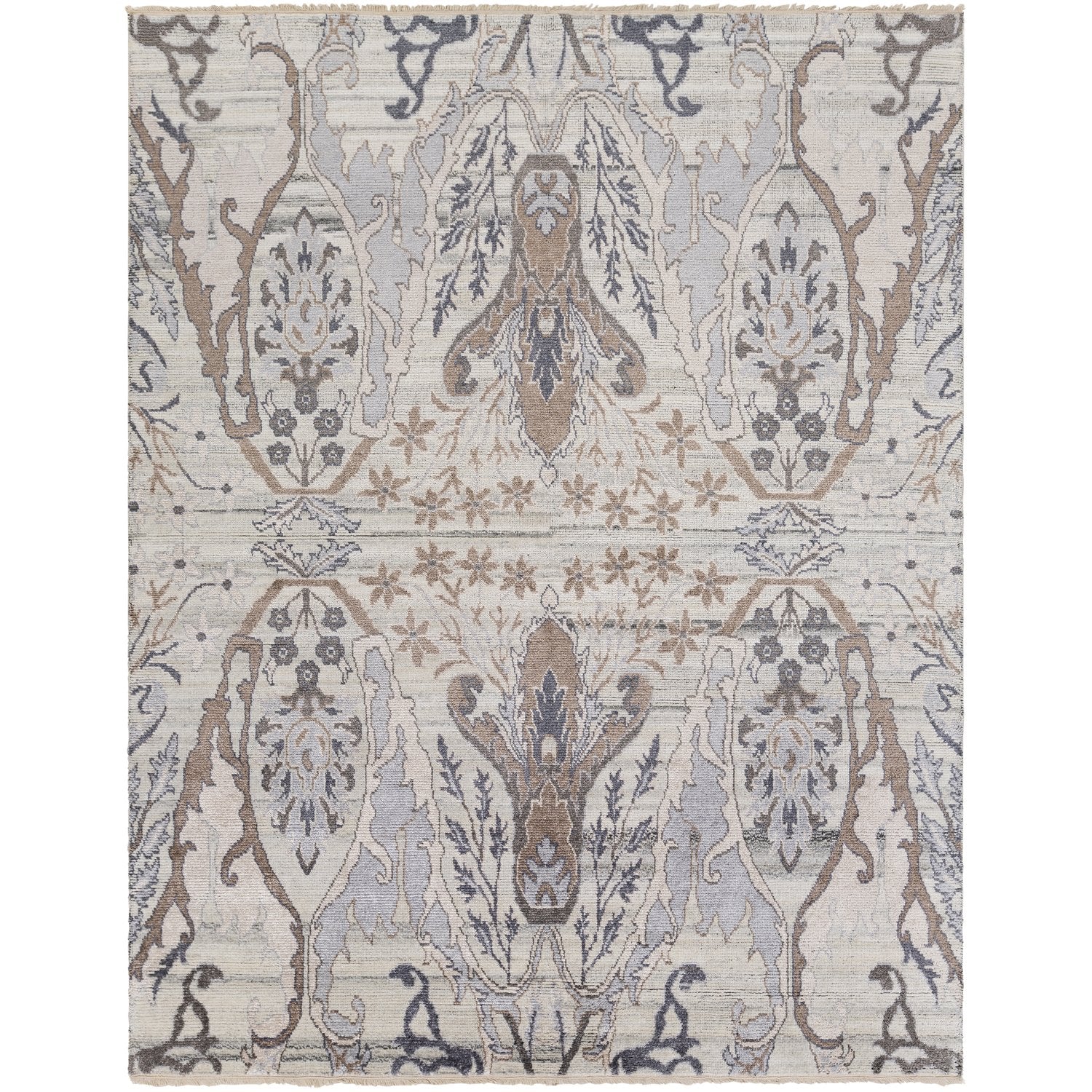 Kushal Hand Knotted Rug in Silver Gray, White, Medium Gray, Taupe, Khaki