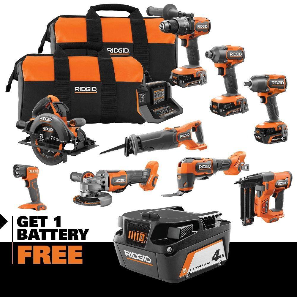 RIDGID 18V Brushless Cordless 9-Tool Combo Kit with (3) MAX Output Batteries Charger Tool Bag  18V 4.0 Ah Battery R96265N-AC87004