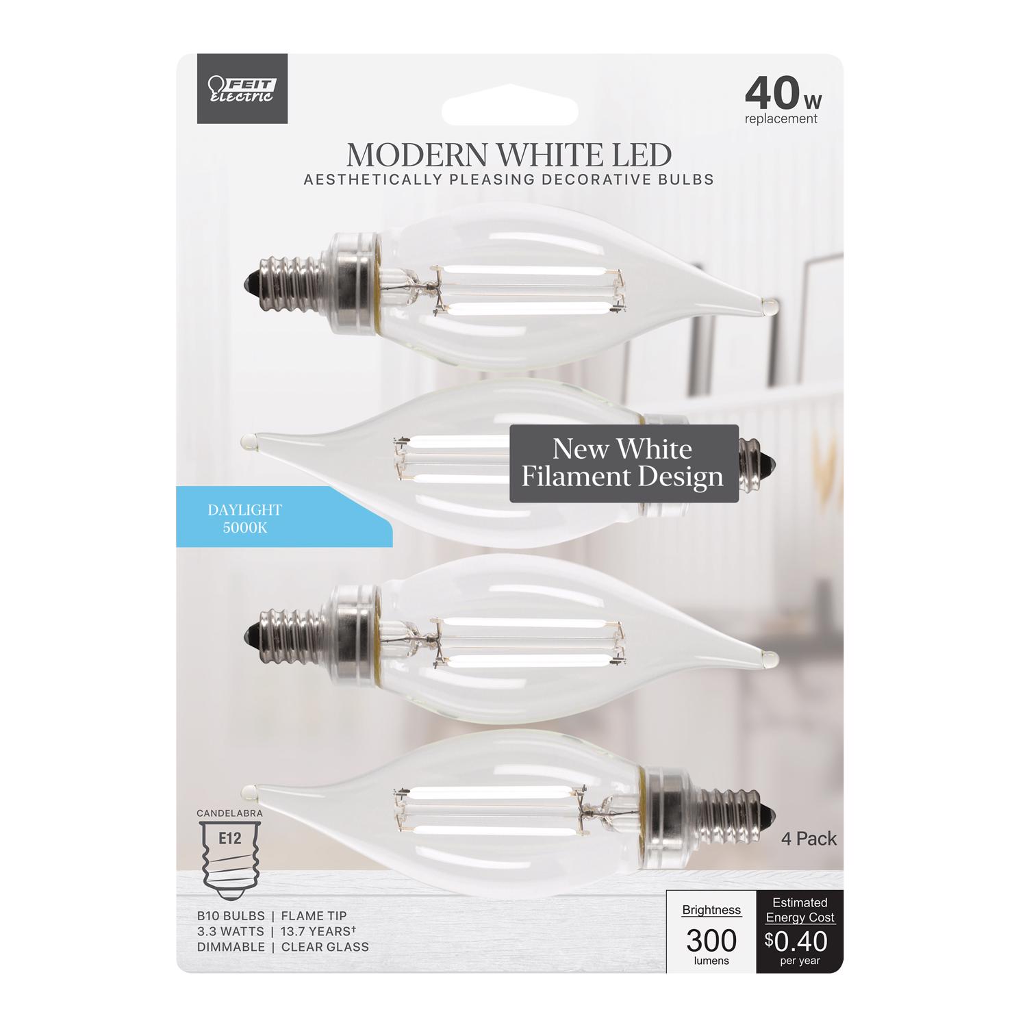 Feit White Filament BA10 E12 (Candelabra) Filament LED Bulb Daylight 40 Watt Equivalence 4 pk