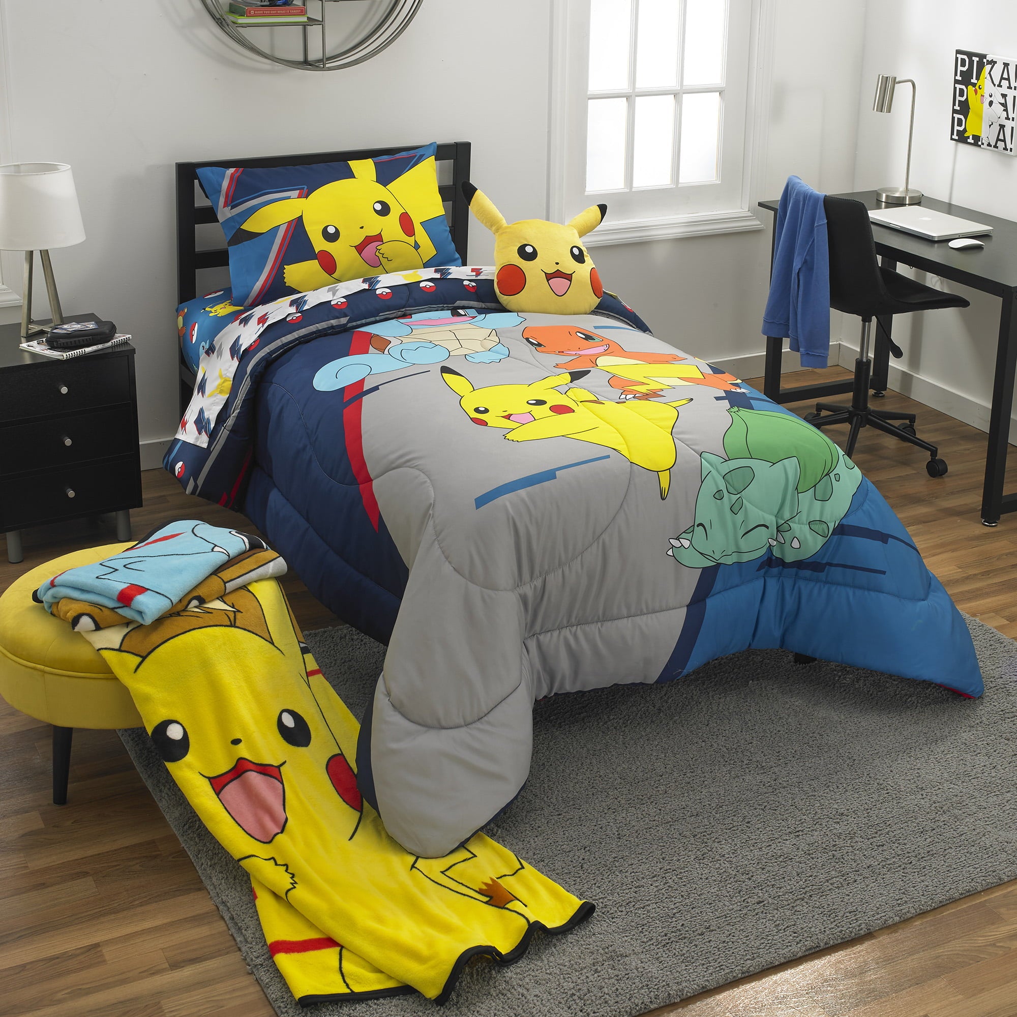 Pokémon Kids Comforter and Sham， 2-Piece Set， Twin/Full， Gaming Bedding， Reversible， Blue and Gray