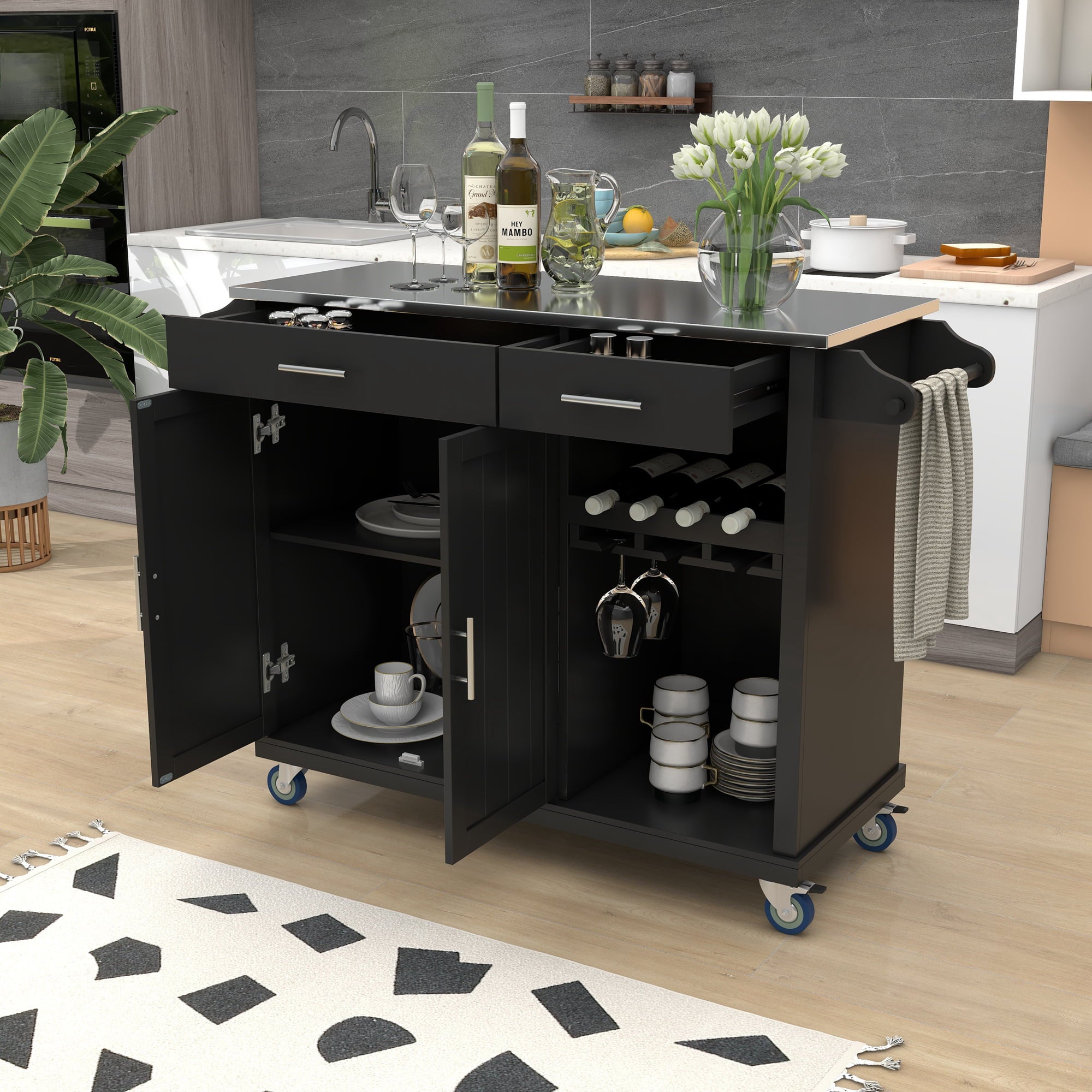 Kitchen Cart with Stainless Steel Top, Mobile Kitchen Island Cart with Spice Rack and Towel Rack, Kitchen Sideboard Buffet Cabinet with 2 Drawers and