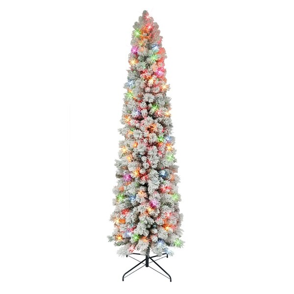 Puleo International 6.5 ft. Prelit Flocked Portland Pine Pencil Artificial Christmas Tree