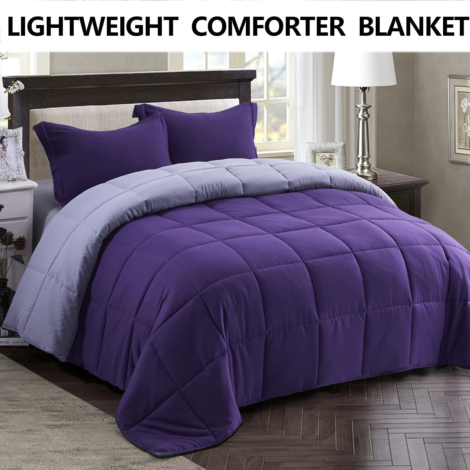 HIG Traditional All Season 3-Piece Comforter Set， Down Alternative Filling， King， Purple