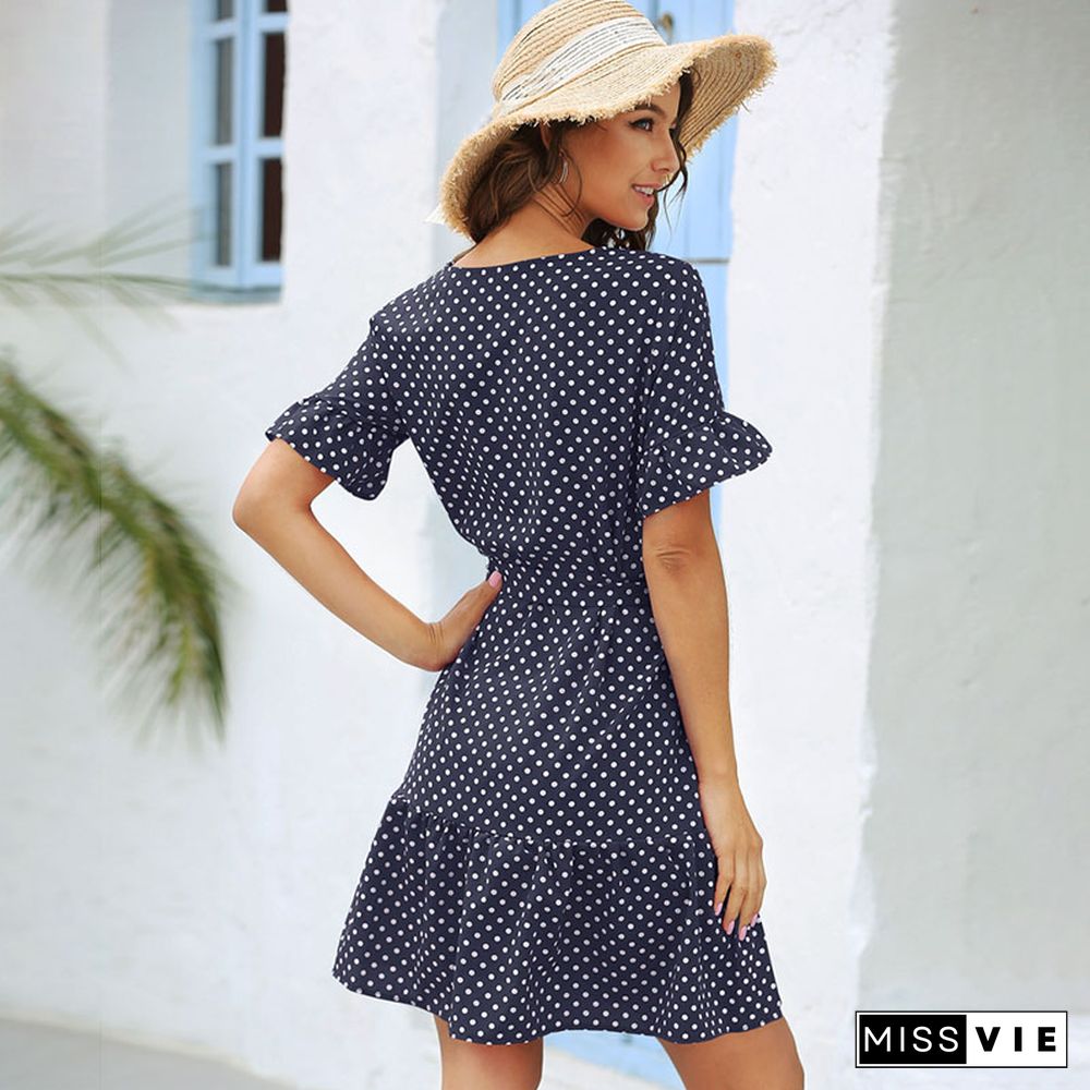 Fashion Sexy V Neck Dress Summer Women Casual Polka Dot Short Sleeve Ruffles Lace Up Button Party Sweet Dresses For Femme