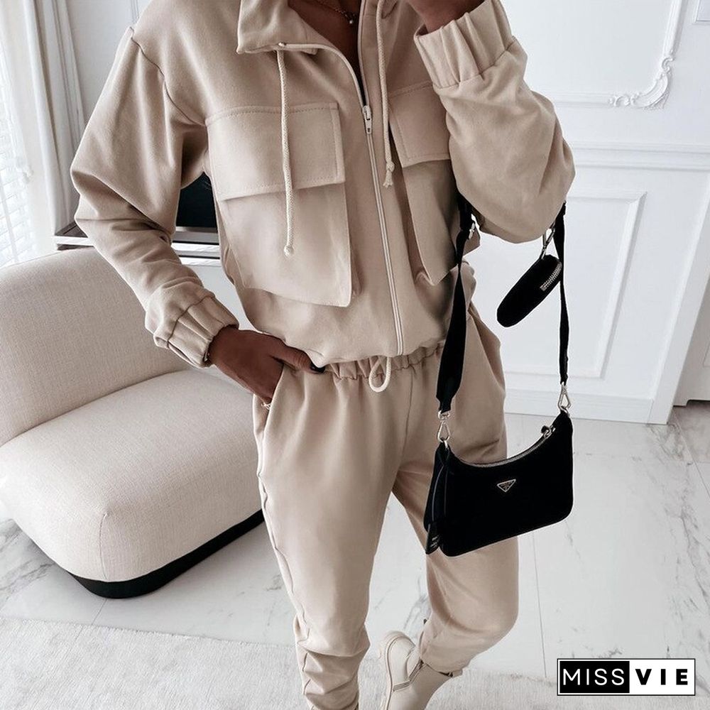 Spring Autumn Sportswear Outfits Women Fashion Zipper Cardigan And Elastic Waist Pants Tracksuit Casual Solid 2pcs Suit Set