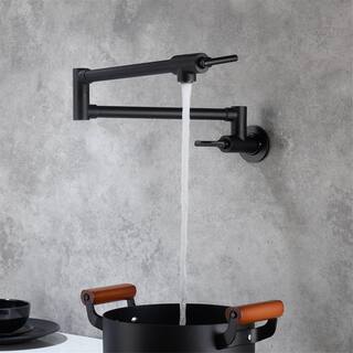 FLG Wall Mounted Pot Filler Double Handle Kitchen Faucet Modern Countertop Retractable 1 Hole Commercial Tap in Matte Black DD-0004-MB