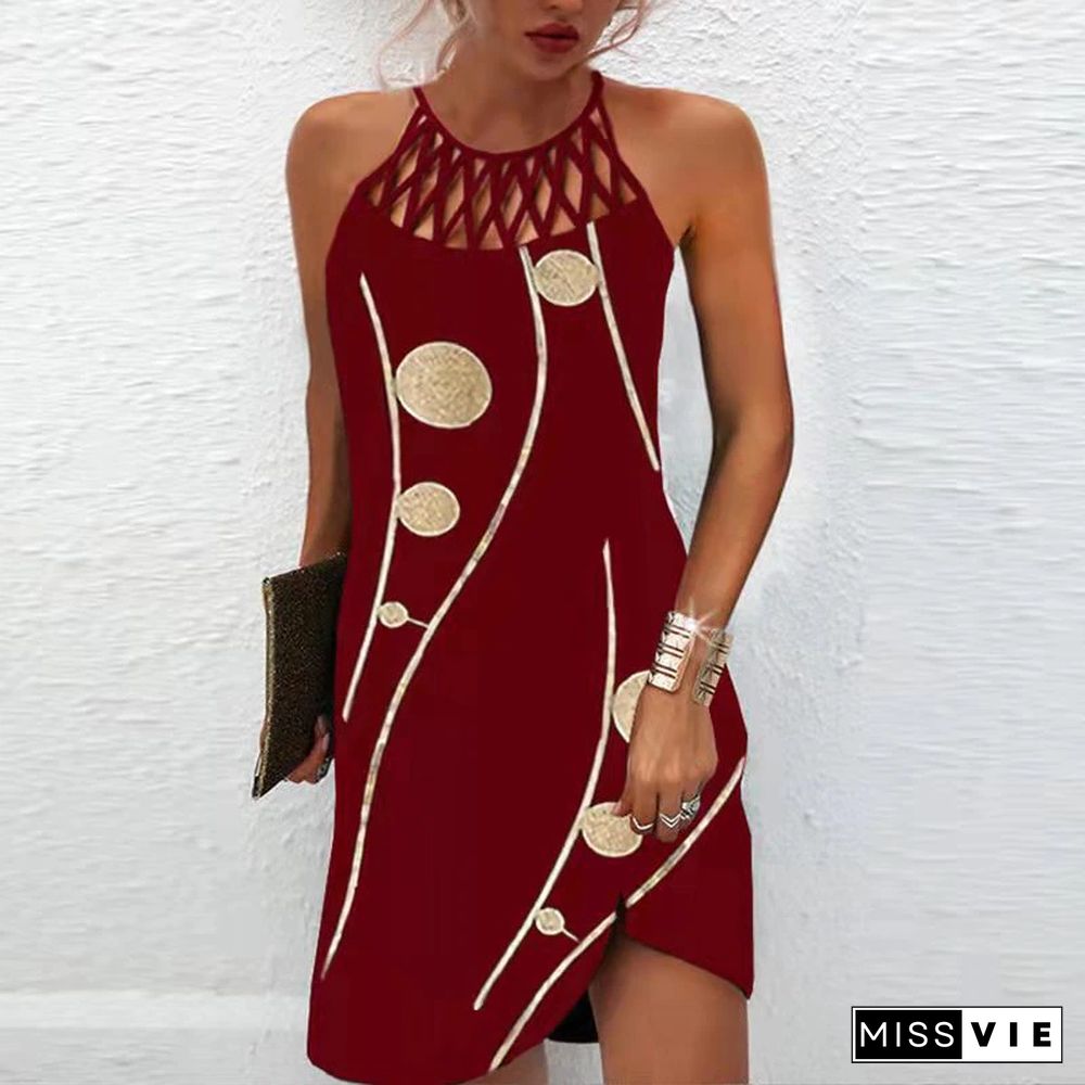 Summer New Ethnic Style Positioning Printing Dress Women Halter Mesh Belt Sleeveless Casual Dress Vestidos