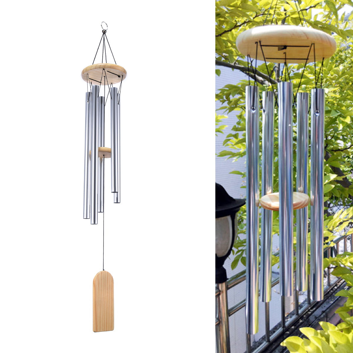 29'' Wooden Hanging Wind Chimes with 6 Aluminum Tubes， Window Wind Bells Outdoor Indoor Home Decoration Christmas Gift