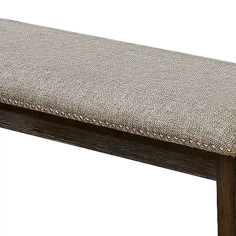 Fabric Upholstered Bench with Nailhead Trim and Tapered Legs， Gray and Espresso