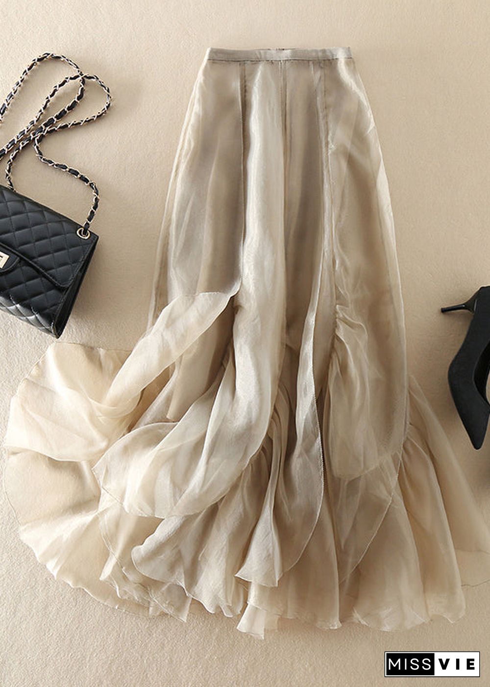 Stylish Champagne Patchwork wrinkled Chiffon Skirt Spring