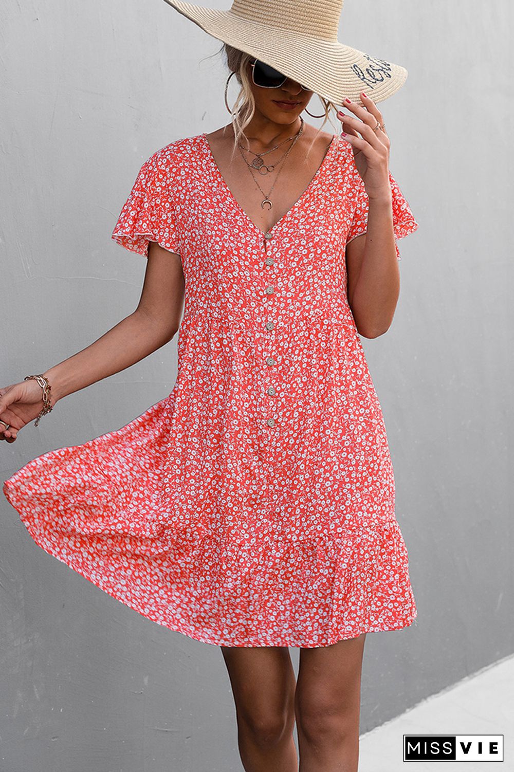 Ruffle Sleeves V Neck Floral Dress Wholesale