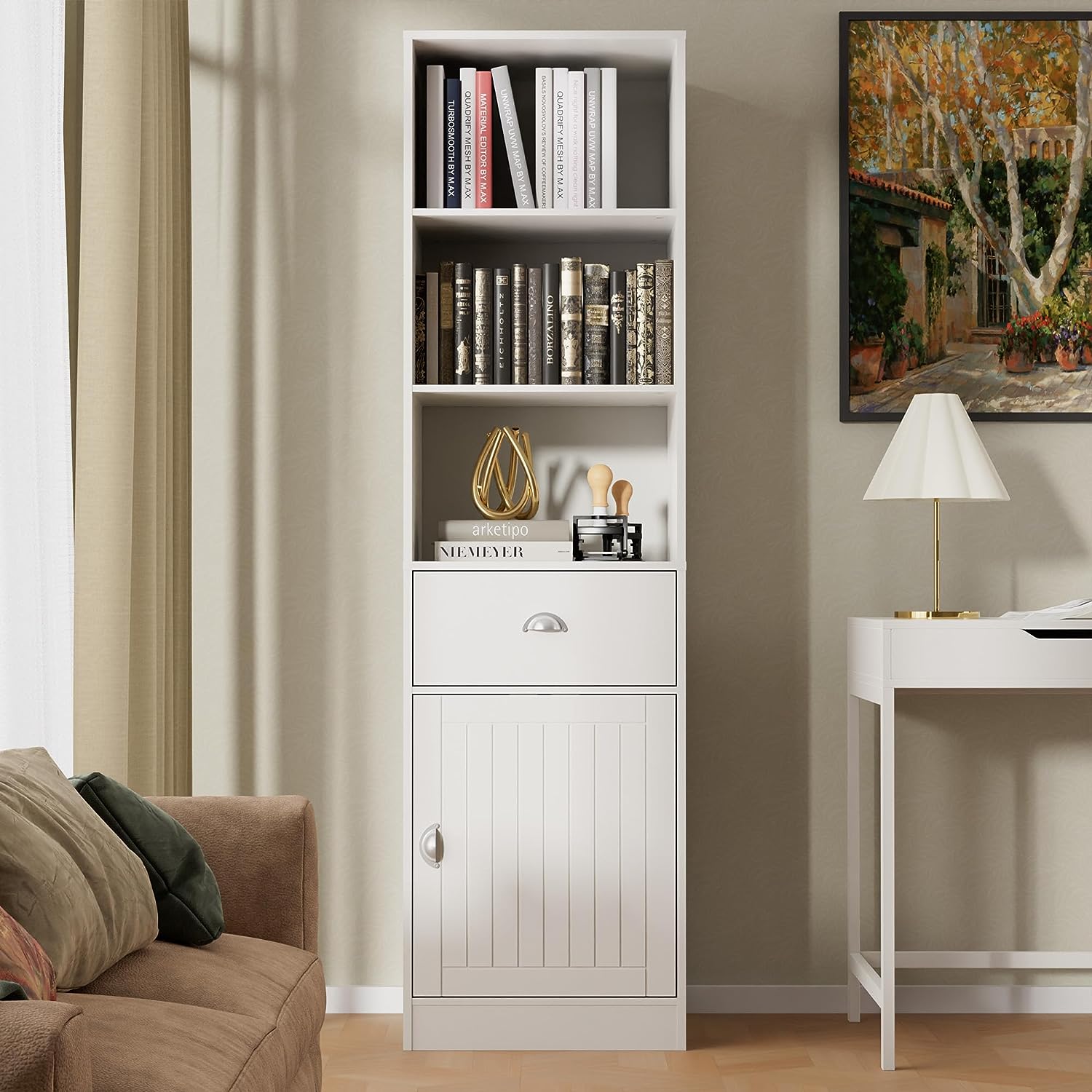 3-Tier Freestanding Tall Bookcase with Door and Drawer, Narrow Bookshelf Display Cabinet