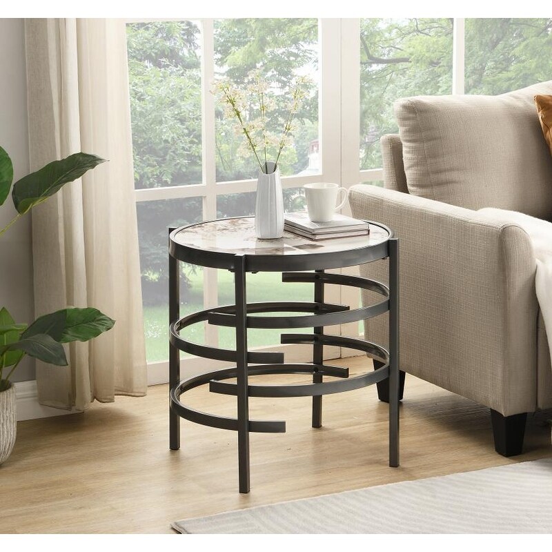 Modern Round End Table with Sintered Stone Top  Chrome/ Silver End Table for Living Room 20.67''W x 20.67''D x 21.65''H