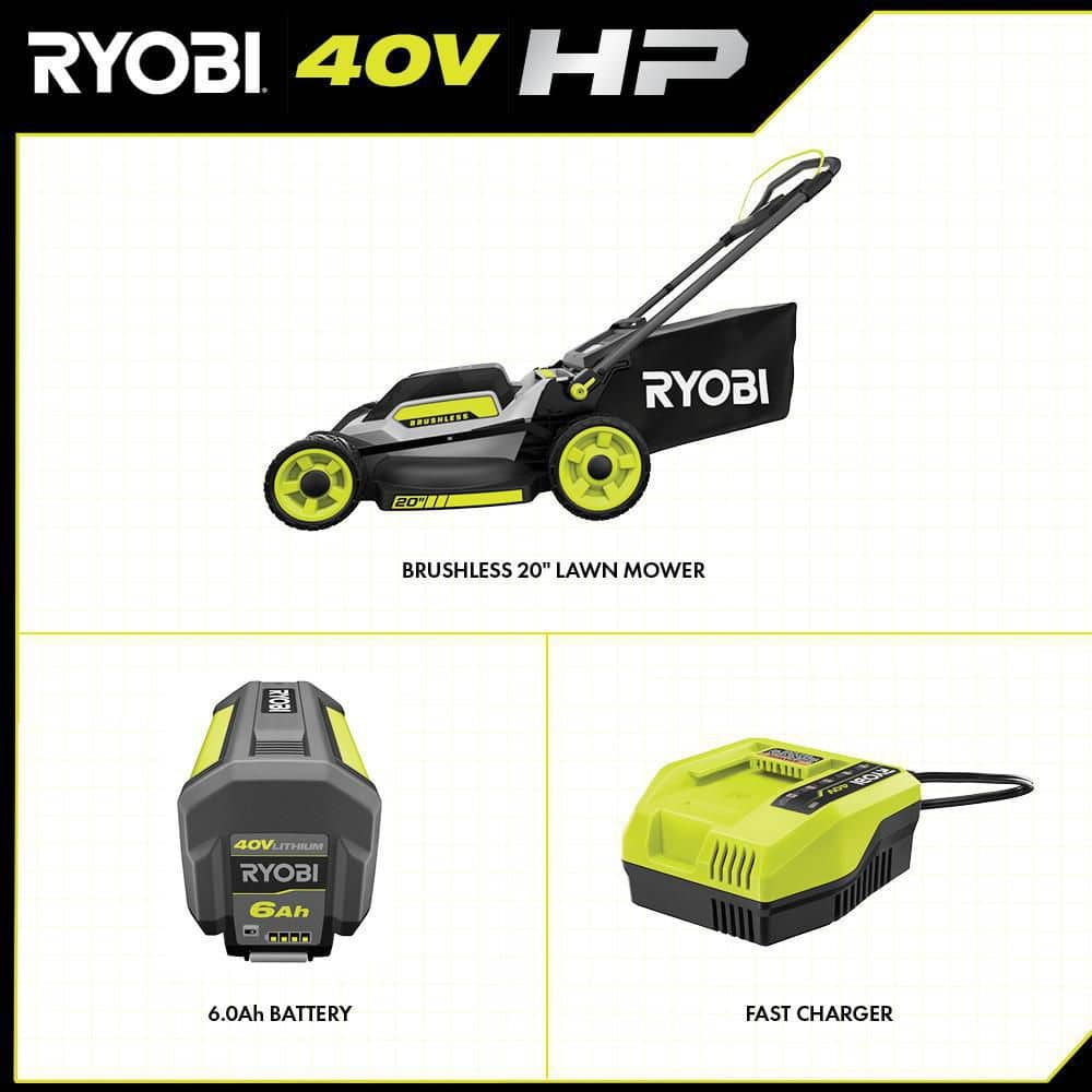 RYOBI 40V HP Brushless 20 in. Cordless Battery Walk Behind Push Mower with 6.0 Ah Battery and Charger RY401170