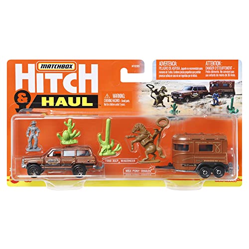 Matchbox Hitch & Haul Die-cast Vehicle Playset - Cowboy Rodeo Round-Up ~ 6 Piece Set ~ SUV Inspired by 1988 Wagoneer ~ Includes Horse Trailer, Cowboy on Horse, Cowboy Standing and Two Cacti