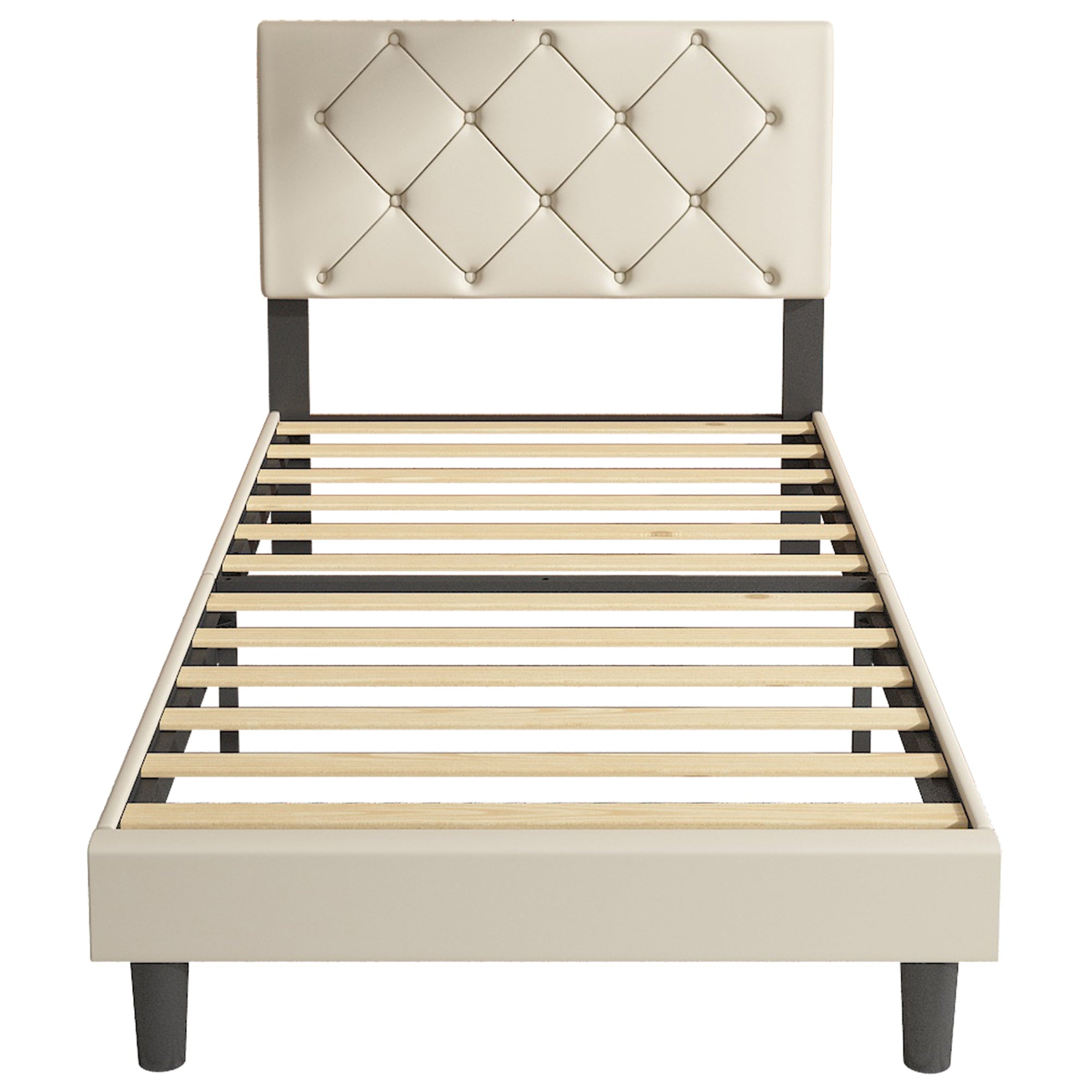 uhomepro Beige Twin Bed with Adjustable Faux Leather Upholstered Headboard, Modern Platform Bed Frame for Bedroom with Wood Slats Support, No Box Spring Needed