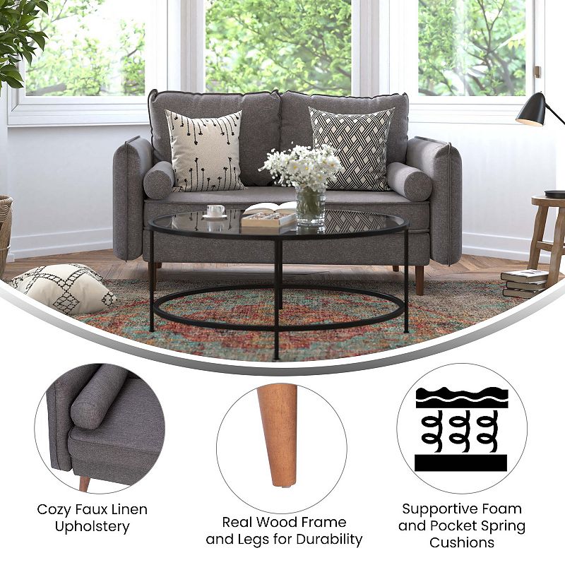 Emma and Oliver Carthage Upholstered Mid-Century Modern Pocket Spring Loveseat with Wooden Legs and Removable Back Cushions