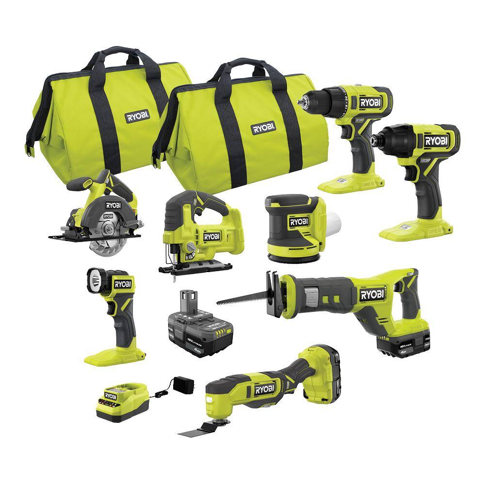 RYOBI ONE+ 18V 8-Tool Combo Kit with (1) 1.5 Ah Battery and (2) 4.0 Ah Batteries and Charger PCL1800K3N