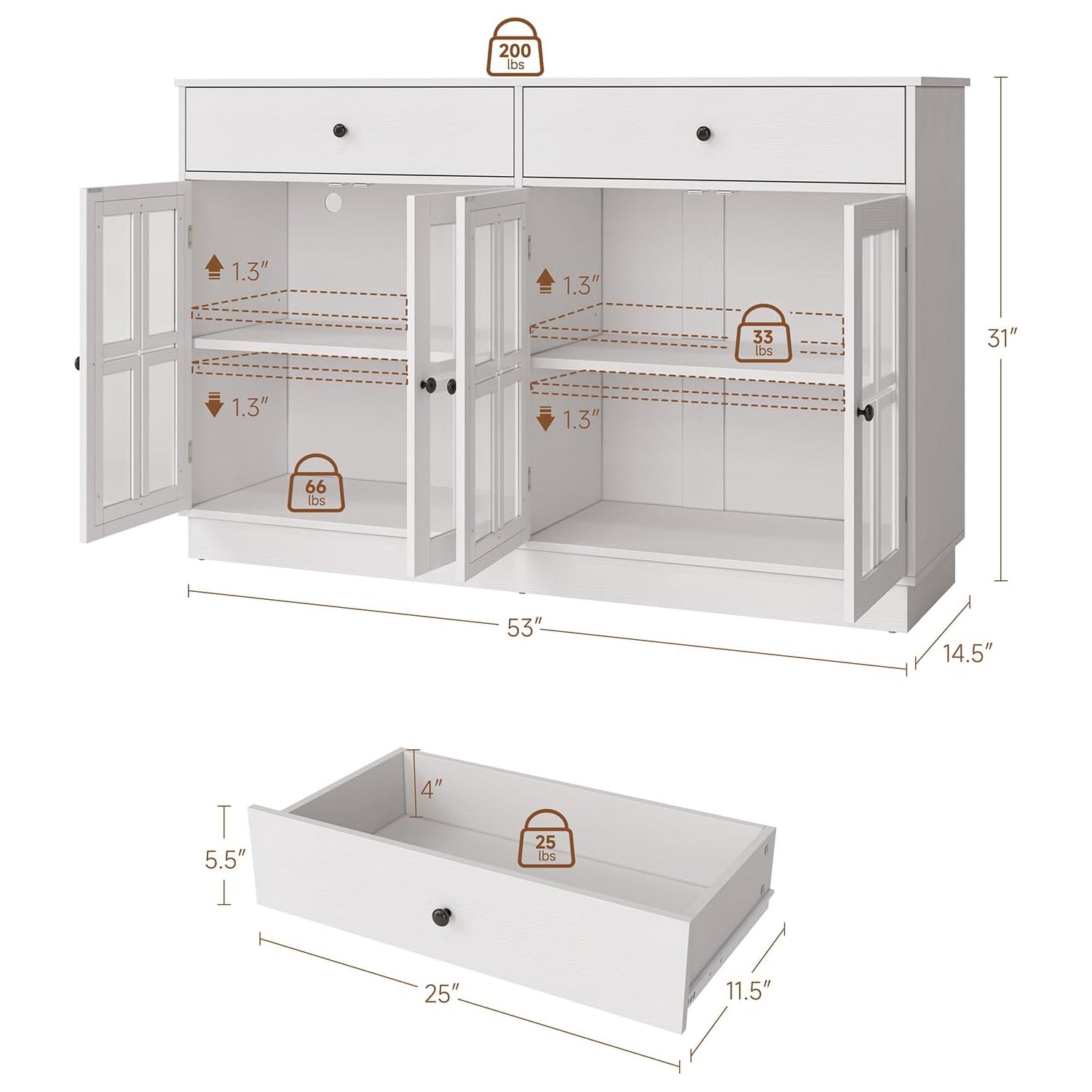 Buffet with storage, 53'' large sideboard with LED lights, bookcase storage with 4 tempered glass doors and 2 deep drawers