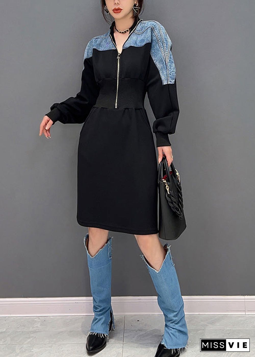 Slim Fit Black V Neck Zippered Patchwork Denim Maxi Dresses Long Sleeve