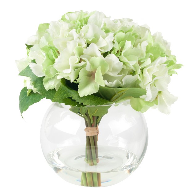 Hydrangea Floral Arrangement In Vase 5 count Artificial Flowers With Leaves In Faux Water filled Decorative Clear Glass Bowl By Pure Garden green