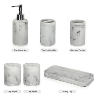 Dracelo 6-Piece Bathroom Accessory Set with Soap Dispenser Tray 2 Jars Bathroom Tumbler Toothbrush Holder in. White Marble B09M7Y293V