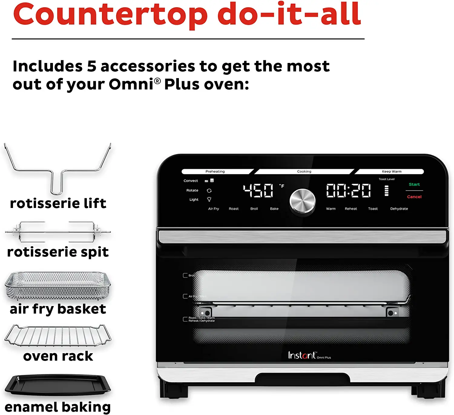 Instant Omni Plus 19 QT/18L Air Fryer Toaster Oven Combo， From the Makers of Instant Pot， 10-in-1 Functions， Fits a 12 Pizza， 6 Slices of Bread， App with Over 100 Recipes， Stainless Steel