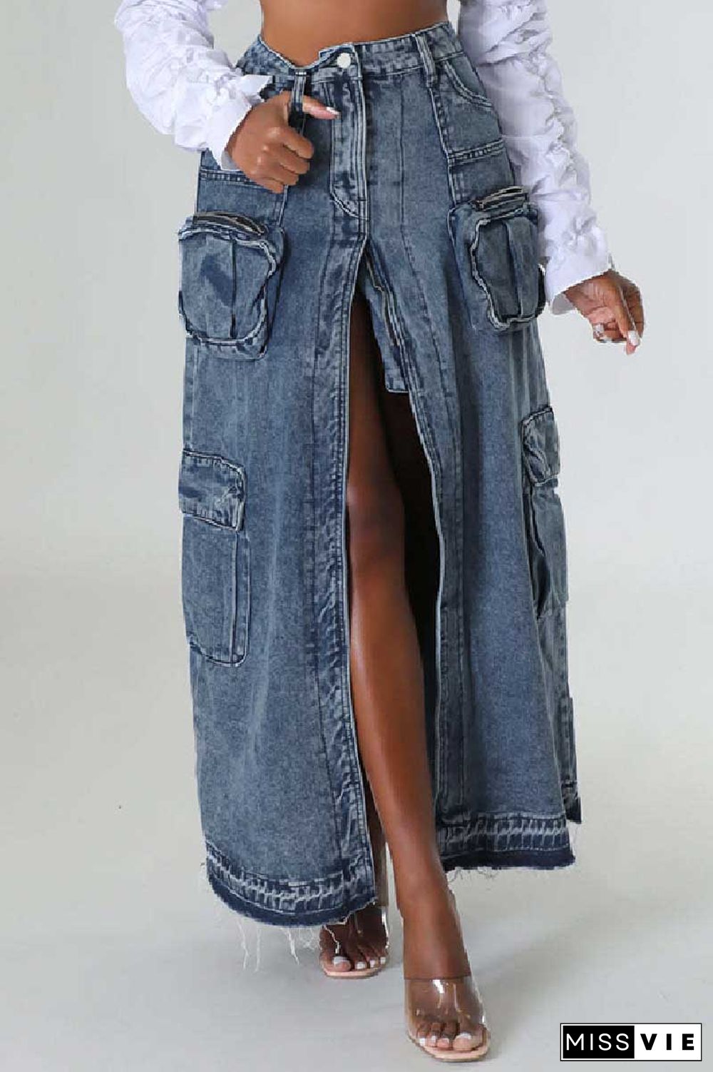 Deep Blue Casual Solid Patchwork Slit High Waist Regular Denim Skirts