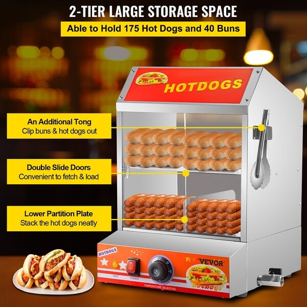 VEVOR 2-Tier Hot Dog Steamer 27L/24.52Qt Hut Steamer for 175 Hot Dogs and 40 Buns W/ Slide Doors - 2Tier