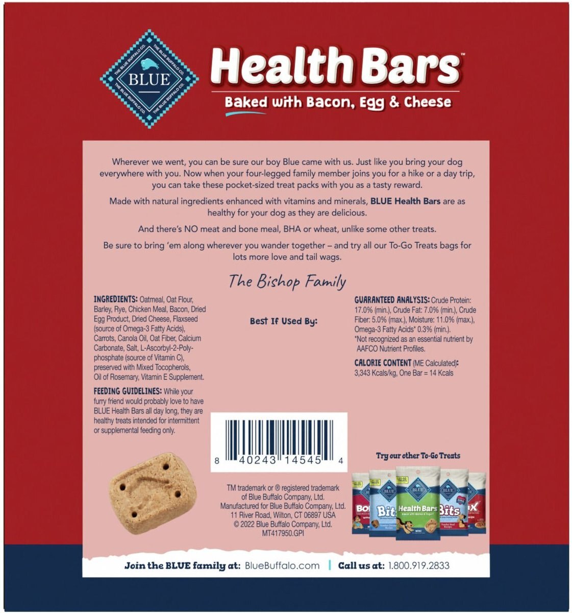 Blue Buffalo To-Go Health Bars Bacon， Egg and Cheese Mini Dog Treats， 12 count