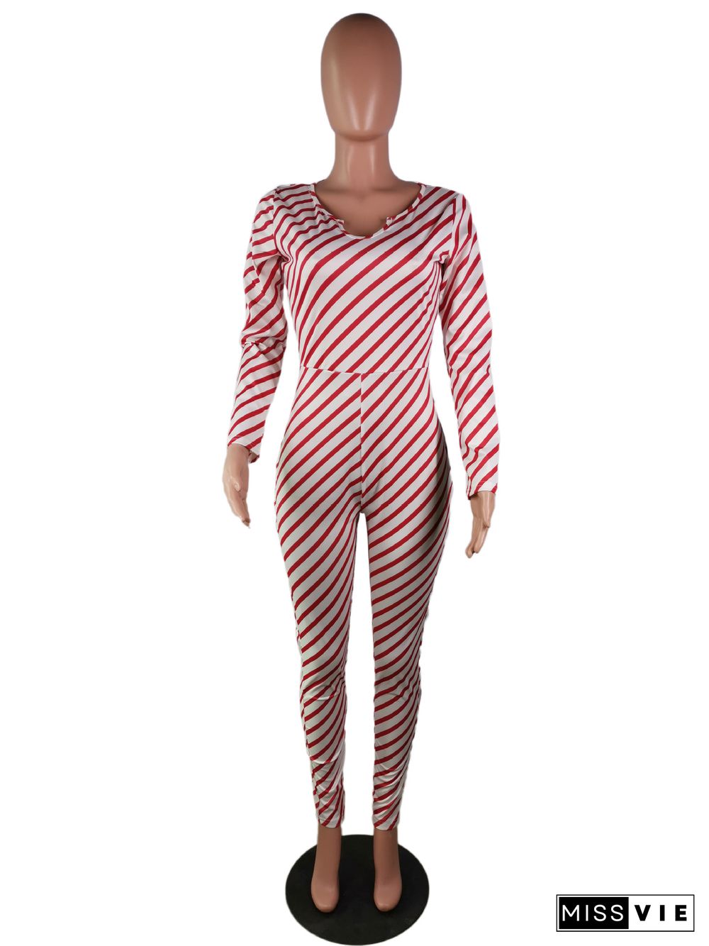 Womens Color Striped Printed Long Sleeve Skinny Jumpsuit