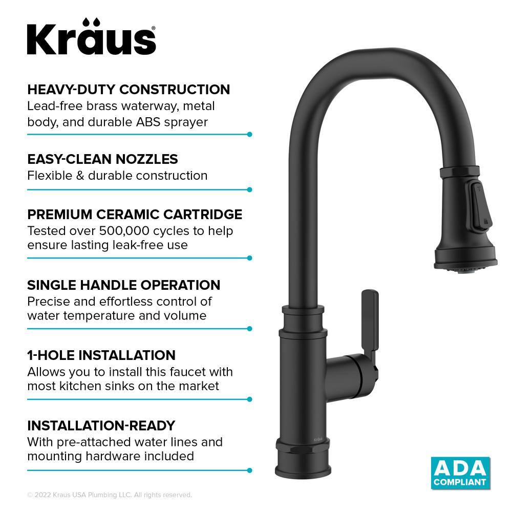 KRAUS Allyn Transitional Industrial Pull-Down Single Handle Kitchen Faucet in Matte Black KPF-4101MB