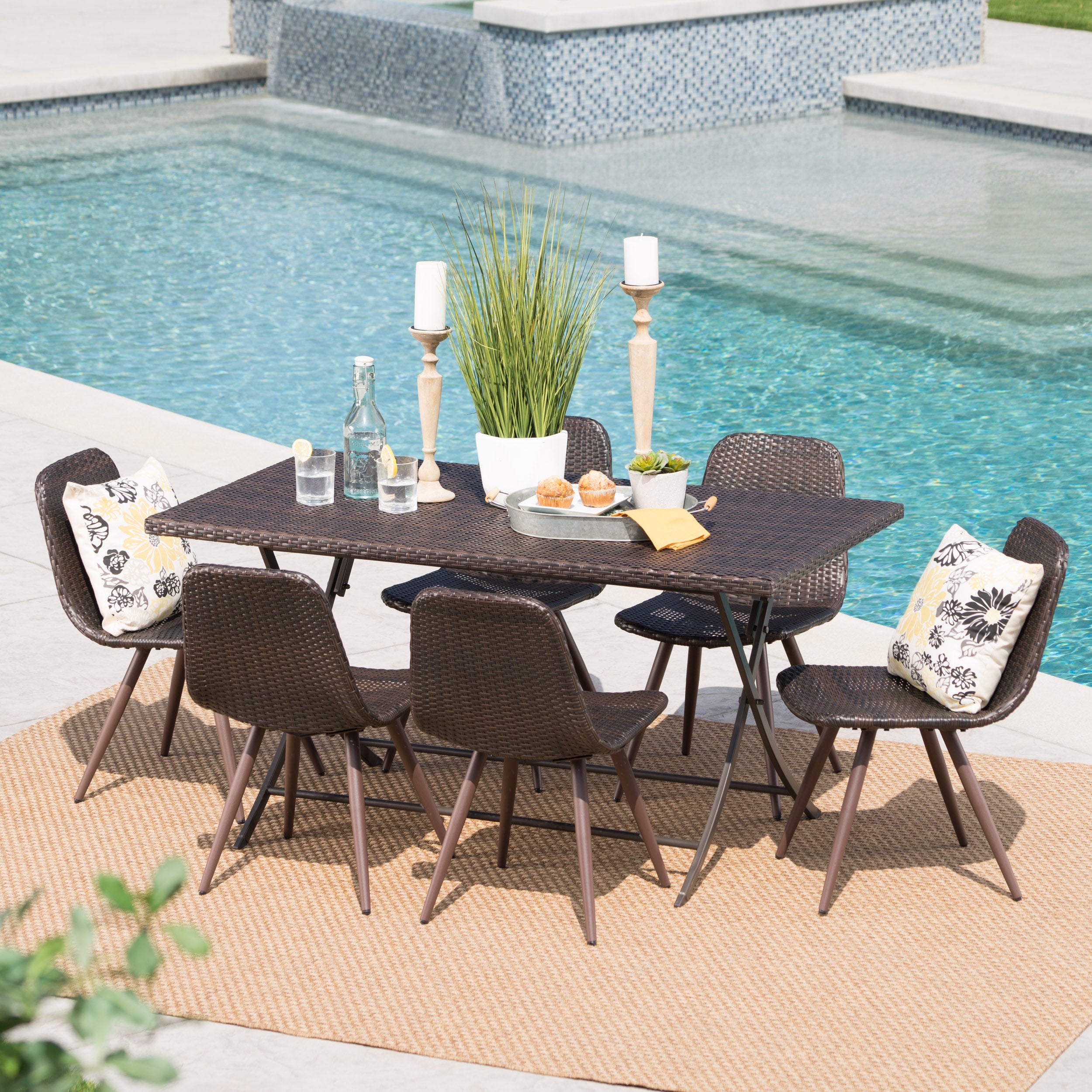 Emery Outdoor 7 Piece Multi-brown Wicker Dining Set