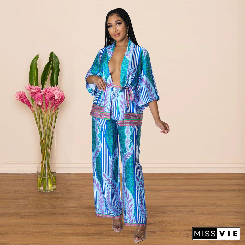 African Loose Shirt Tops Wide Leg Pants 2 Piece Set