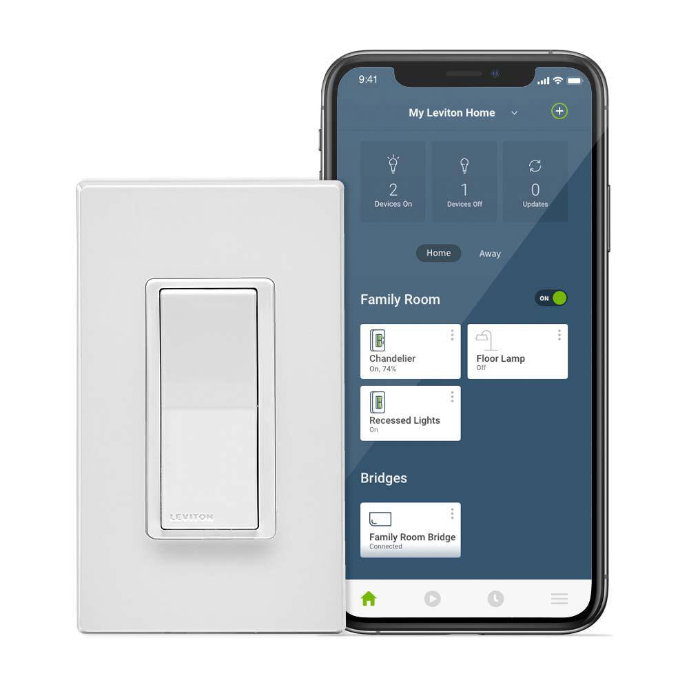 Leviton Decora Smart No-Neutral 15 Amp Rocker Light Switch Requires MLWSB Wi-Fi Bridge White R02-DN15S-1RW