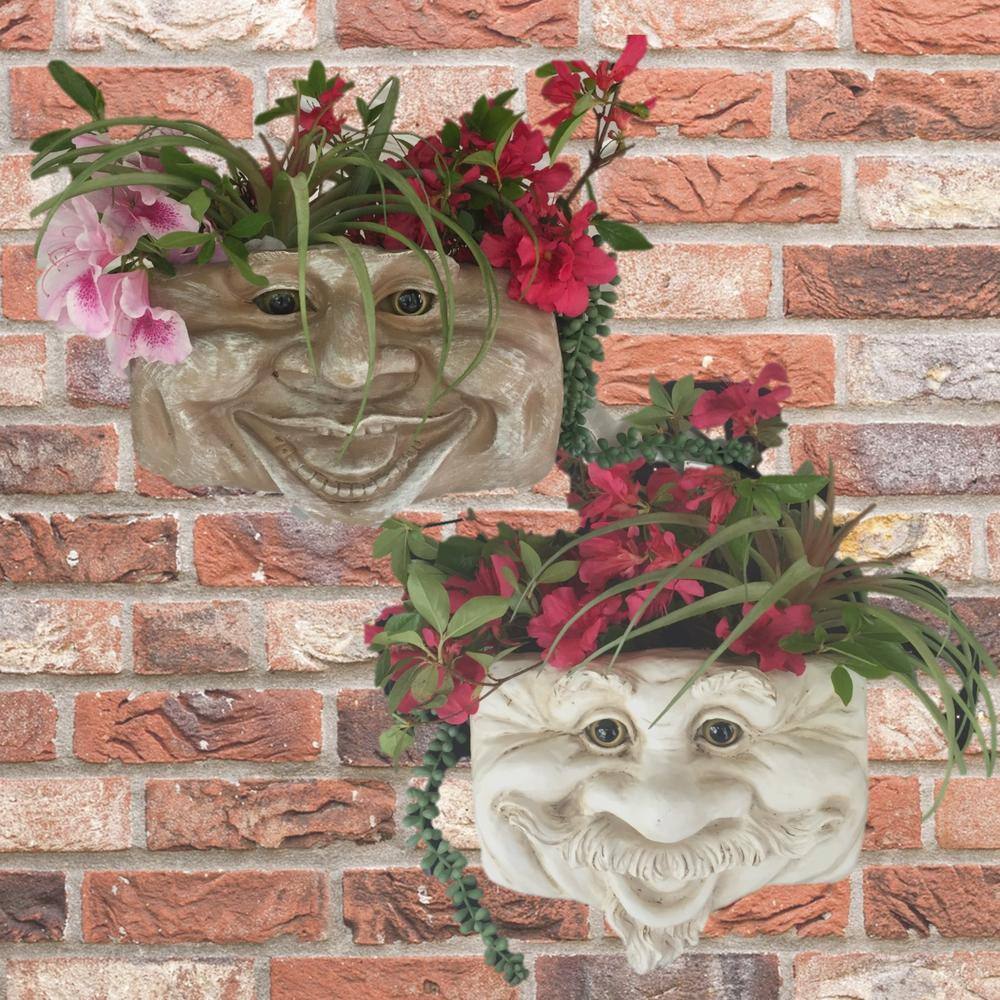 HOMESTYLES 2-Piece Muggly s Uncle Nate Ant. 10.5 in. White and Aunt Minnie Stone Wash Patio Wall Resin Planter 39545B/39647B