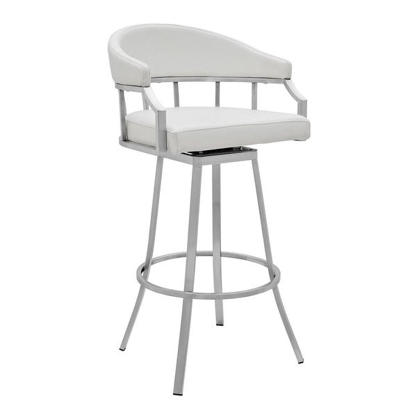 Myla 30 Inch Swivel Barstool， Slatted Back， Curved Slope Arms， Steel， White - 21L x 21W x 40H