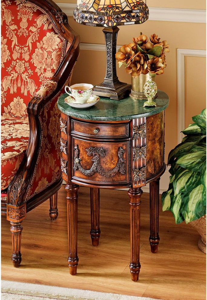 Traditional End Table  Drum Shaped Body With Large Drawers  ampMarble Top  Cherry   Victorian   Side Tables And End Tables   by Decor Love  Houzz