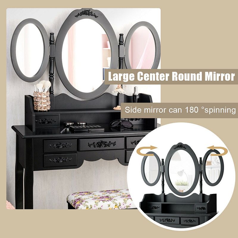 7 Drawer Tri-Folding Mirror Dressing Vanity Makeup Set-Black